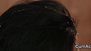 nasty babe blasted with cum facial swallows every sticky jizz drop