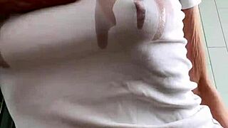 wanna see this oiled brunette flash big clit pussy in wet t-shirt