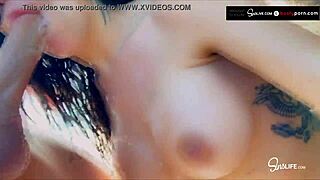 Kissa Sins flaunts huge new tits sucking Johnny's monster cock outdoors