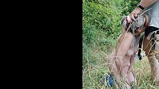 bound french slave flashes tits on highway for public blowjob tease