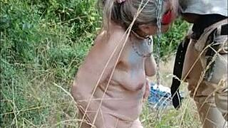 bound french slave flashes tits on highway for public blowjob tease