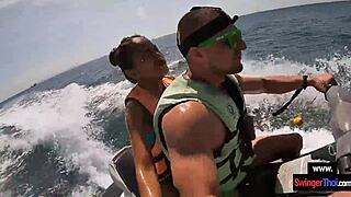 asian girlfriend sneaks blowjob thrill on public jetski ride with boyfriend under sun