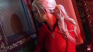 the blonde slips into leather struts in heels then drops to knees for priest's deep confession fuck