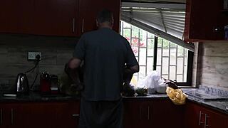 couple fucks wildly outside before kitchen quickie heats up