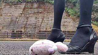 japanese crossdresser crushes soft toys in fetish frenzy.