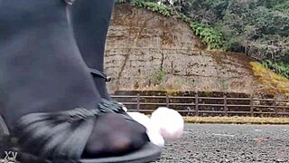 japanese crossdresser crushes soft toys in fetish frenzy.
