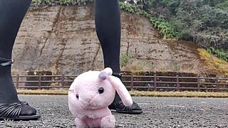 japanese crossdresser crushes soft toys in fetish frenzy.