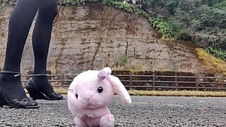 japanese crossdresser crushes soft toys in fetish frenzy.