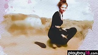 gorgeous brunette taya vais bares perfect natural tits in scorching desert outdoors