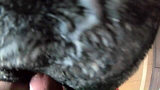 Watch her blow him fuck hard and play with cum in fur coat