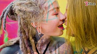 Tattooed punk goth hippie lesbians tongue dildos with spit