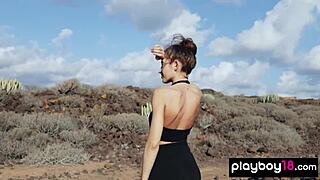 gorgeous brunette taya vais bares perfect natural tits in scorching desert outdoors