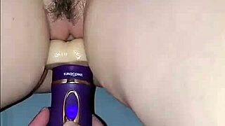 Handcuffed wife squirts cream over dildo wildly