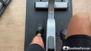 brunette babe sucks cock hard in gym toilet 💦 then deep fucks