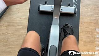 brunette babe sucks cock hard in gym toilet 💦 then deep fucks