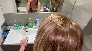 Hot milf spies masturbation then sucks big cock in bathroom