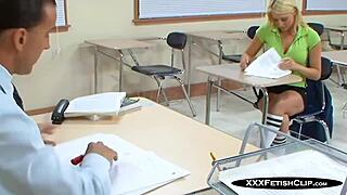 Naughty bookworms Shawna Lenee seduces teacher for classroom blowjob and fuck.
