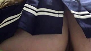 Russian brunette in short skirt rides dildo reverse cowgirl, close-up pussy play, sucks fingers, begs cum in mouth