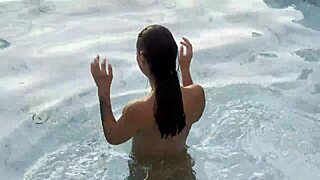 monika fox rims balls swallows cum then golden shower by pool at sunset