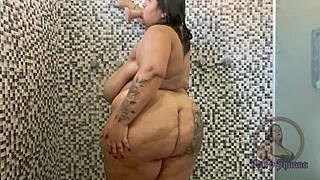 damn this bbw exhibitionist milf jumps in shower testing huge anal dildo on her fat latina ass