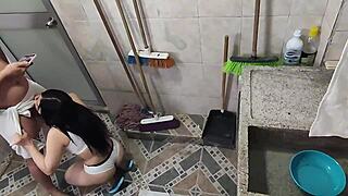 Cute petite deepthroats balls rims ass in shower recording