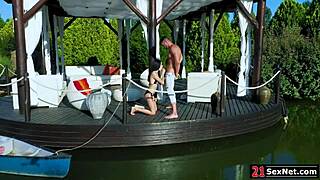 guy bends petite girlfriend over for outdoor doggystyle anal pounding