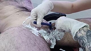 nurse carefully shaves patient's groin for steamy happy ending