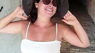 Public tease escalates to hot blowjob