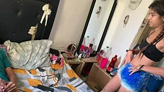 Colombian college girl in lingerie masturbates dirty talking to tanned roommate