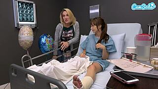 ohh horny milf with huge tits on hospital bed fingers wet pussy then jerks stranger till cum on boobs