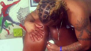 Bound ebony gets oiled bondage massage, big black cock licks shaved pussy to creampie finish.