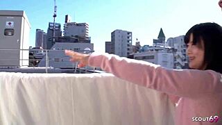 Petite Japanese beauty seduces neighbor old guy for uncensored creampie quickie next door