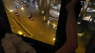 Petite babe fingers clit to orgasm outside hotel window