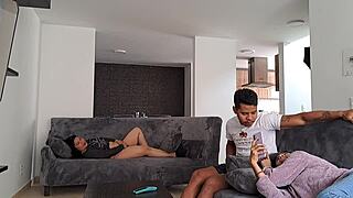 Girlfriend's busty stepmom in lingerie drops to suck my throbbing cock deep