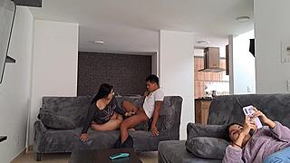 Girlfriend's busty stepmom in lingerie drops to suck my throbbing cock deep