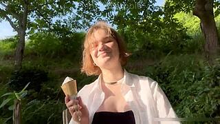 fed a cute young nympho ice cream then sloppy deepthroat and rough outdoor cumshot