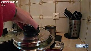 she slips from furry slippers to bare toes in kitchen