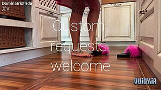 she slips from furry slippers to bare toes in kitchen