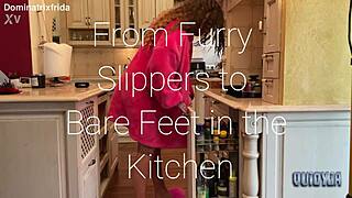 she slips from furry slippers to bare toes in kitchen