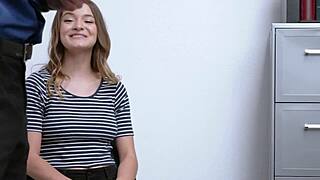 Watch this naughty teen deepthroat in the mall office after getting caught