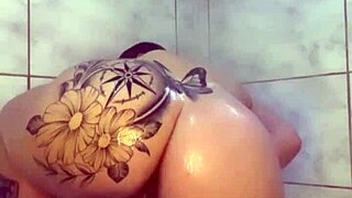 Latina housewife in lingerie dances seductively then teases tight ass under shower spray