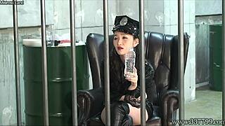 prisoner licks feet endures femdom strapon from japanese guard
