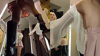 whoa, blonde big tits upskirt flashes shaved pussy in public changing room 👀