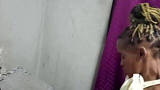 Hot braided 18+ petite black slut in yellow dress sucks masked white cock rides doggystyle