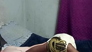 Hot braided 18+ petite black slut in yellow dress sucks masked white cock rides doggystyle