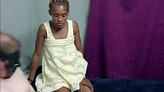 Hot braided 18+ petite black slut in yellow dress sucks masked white cock rides doggystyle