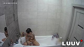 emily's private bathroom tease flashes natural tits before dildo orgasm bliss