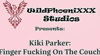 kiki parker fingers shaved pussy teases pierced nipples on sofa