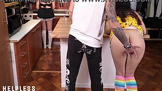 maid sneaks masturbation peek while daddy pounds wet pussy in kitchen frenzy