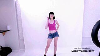 Seductive brunette model fucked intensely during casting audition on sofa